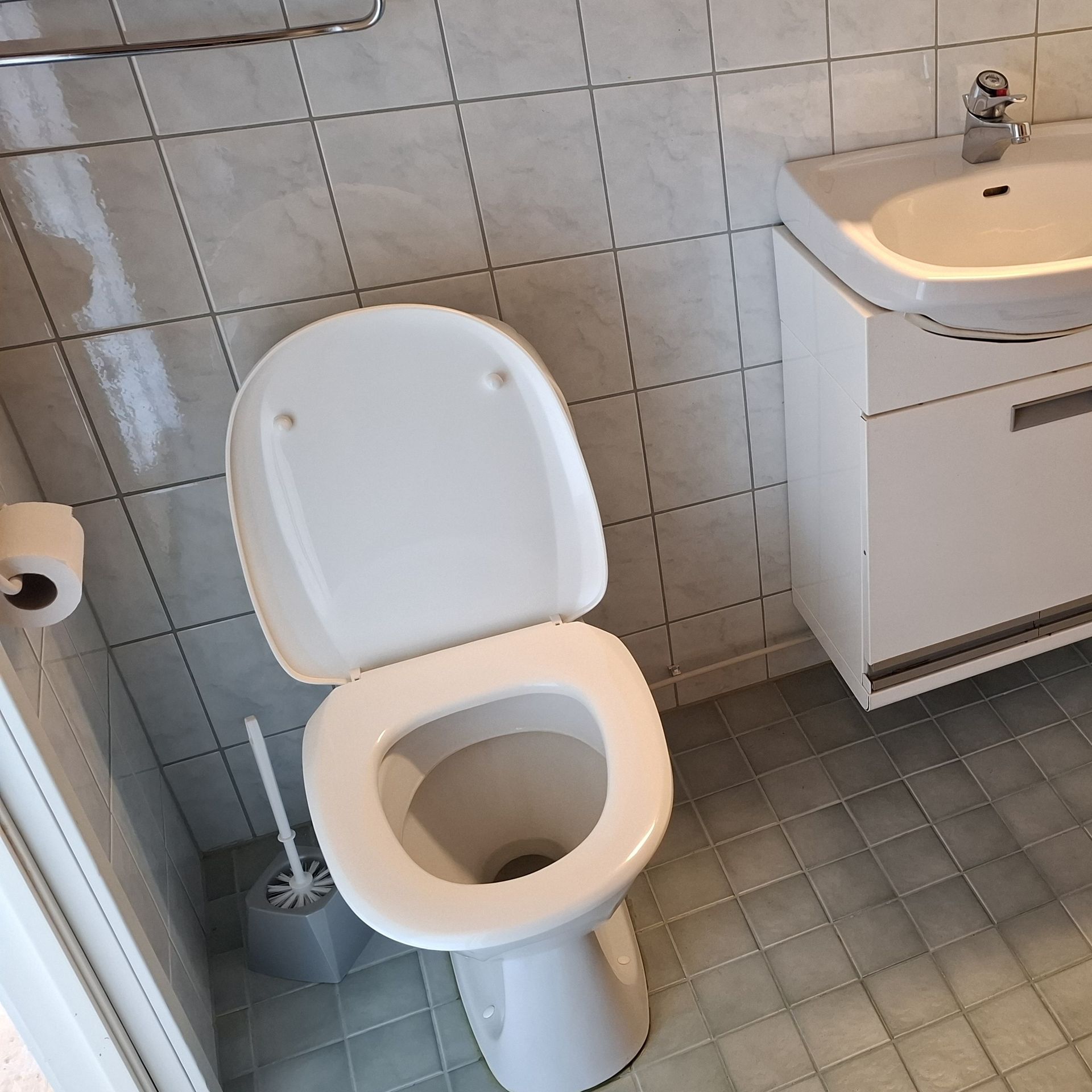 Wc-pytty, jonka vieressä on wc-harja. Myös käsienpesulavuaari näkyy.